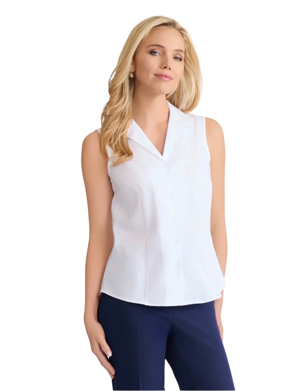 Jones New York Sleeveless White Button Up Shirt NON IRON Capsule Minimal Classic
